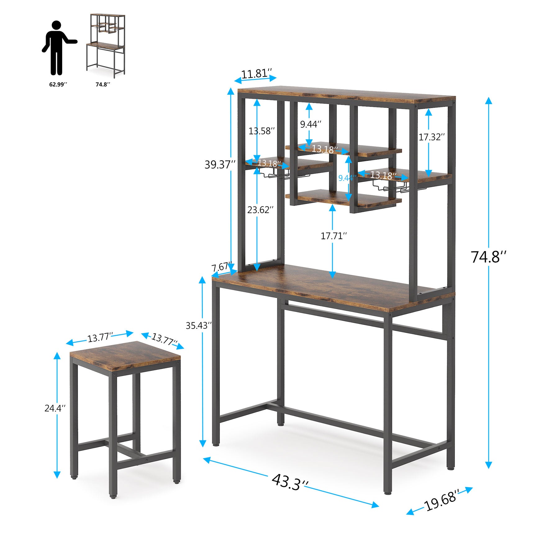 Bar Table Set, Industrial Pub Table with 2 Bar Stools & with Glass Holder