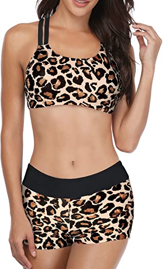 Black And Leopard Print 3 Piece Swimsuit For Women Tankini Set