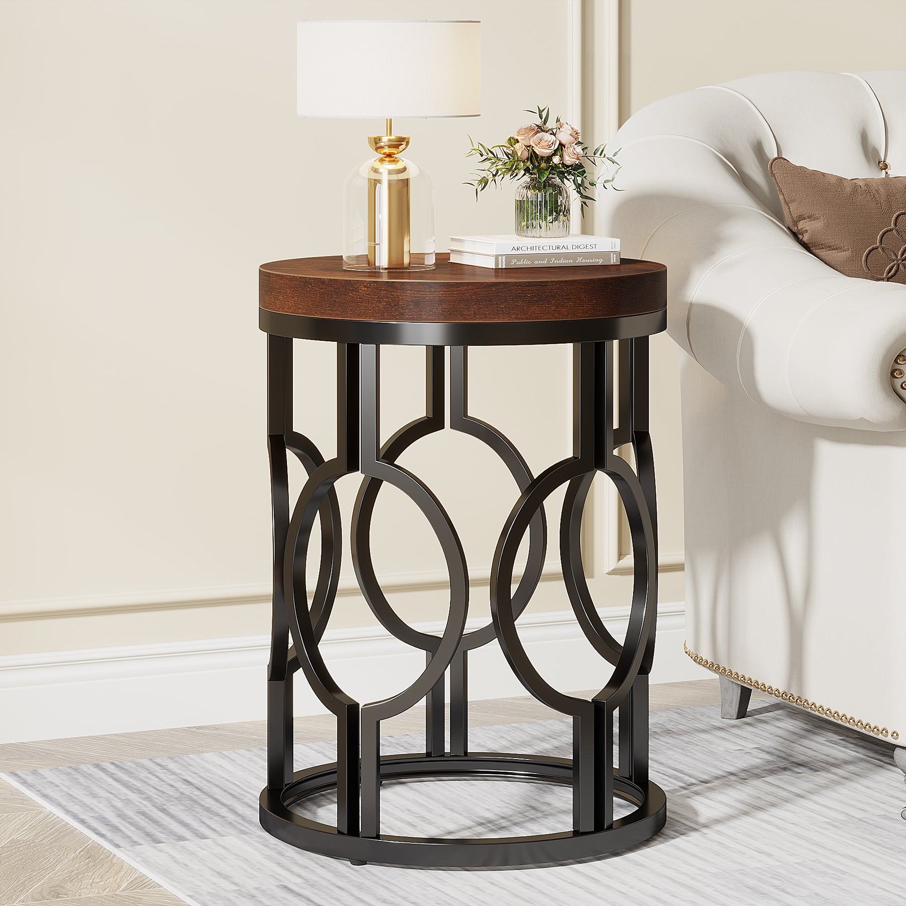 Round End Table, Industrial Side Table with Metal Hollow Frame