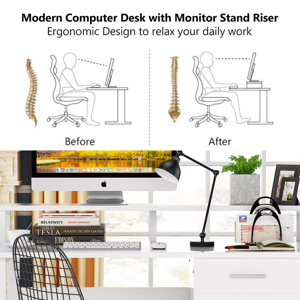 White Computer Desk, 47 Inches Modern Writing Desk with 2 Drawers