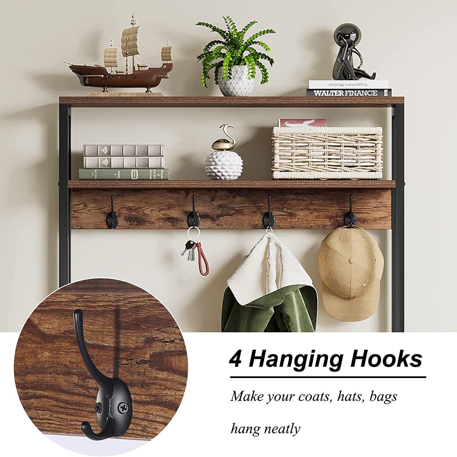 Industrial Coat Rack Shoe Bench, Entryway Hall Tree with Hooks & Shelves