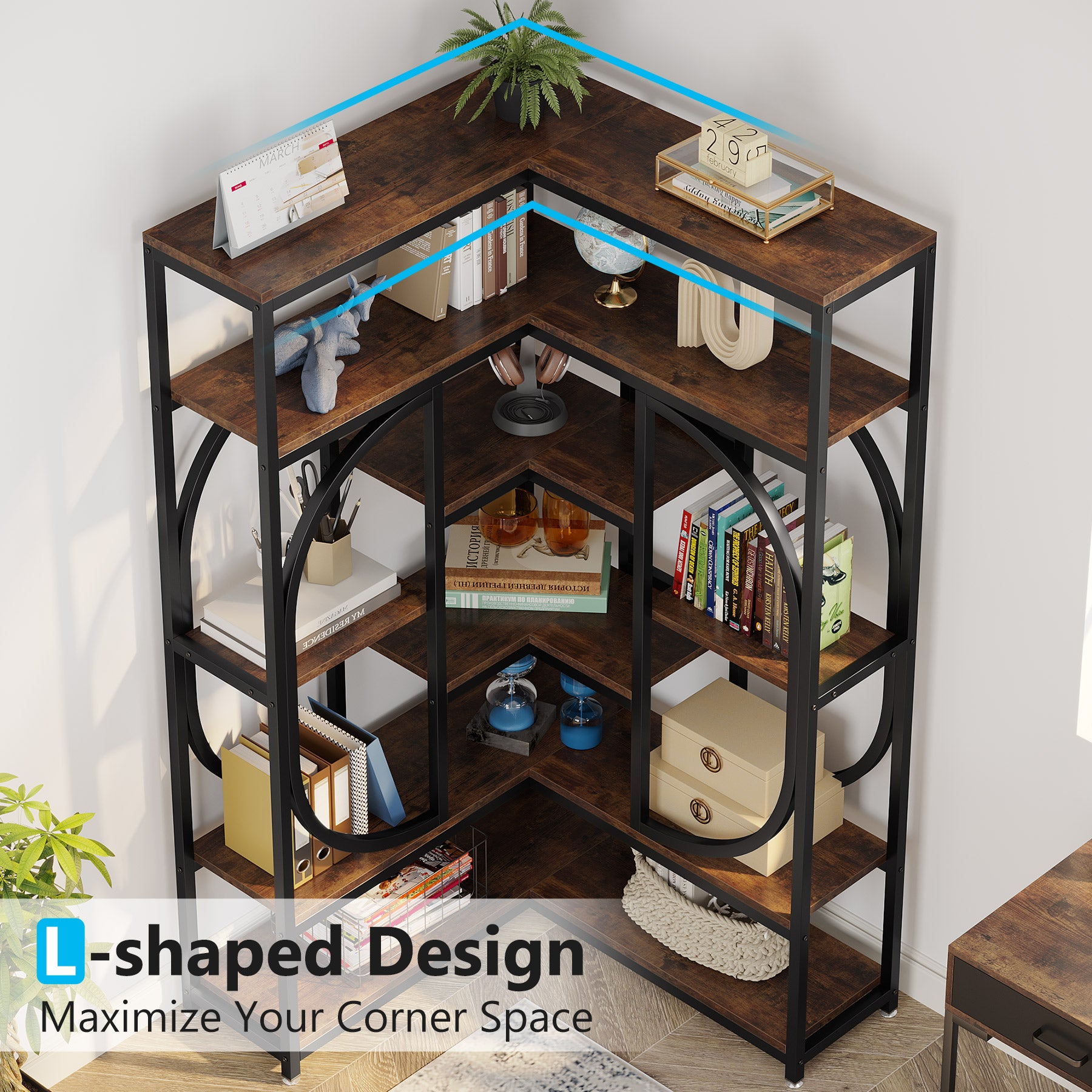 7-Shelf Corner Bookshelf, L-Shaped Bookcase Display Rack