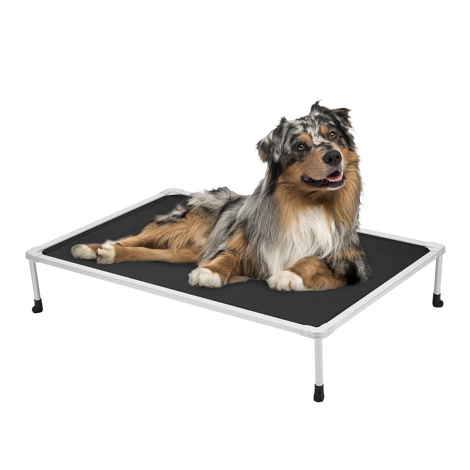 Veehoo Chewproof Dog Bed， Cooling Raised Dog Cots with Silver Metal Frame， Medium， Black