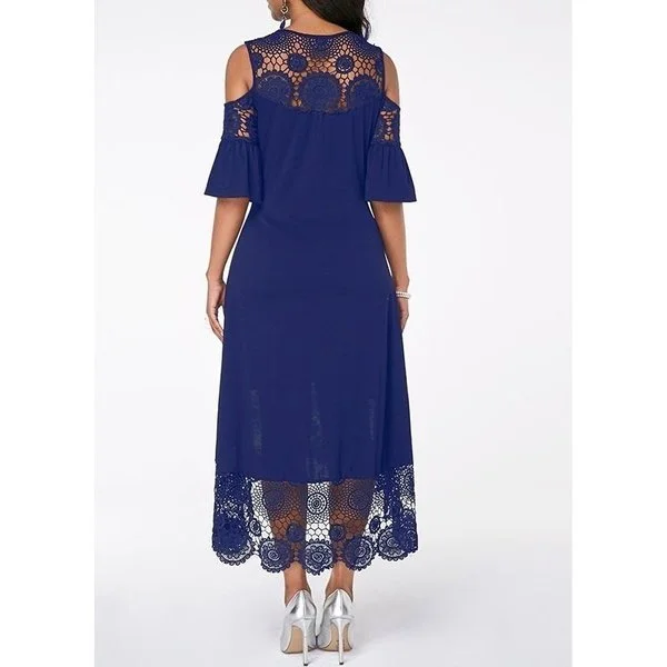 Fashion Women Elegant Crochet Lace Cold Shoulder Long Dress Party Casual Dress Plus Size