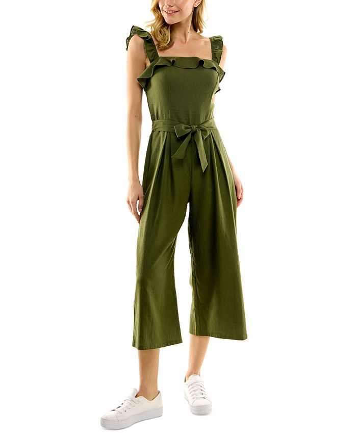 Juniors' Ruffle-Strap Belted Jumpsuit