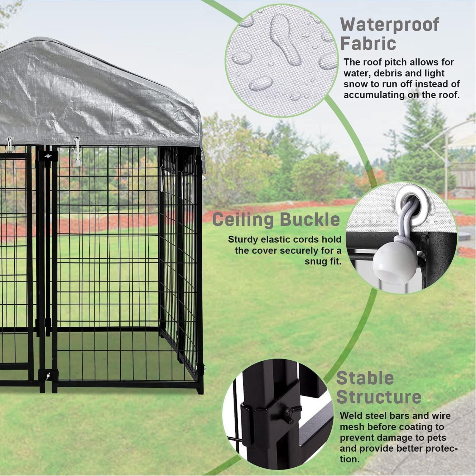 Large Dog Kennel 4'x4'x4.4' Heavy Duty Welded Wire Dog Cage with Water Resistant Cover， Outdoor Dog House with Mesh Sidewallsand Secure Lock for Large Dogs， Black