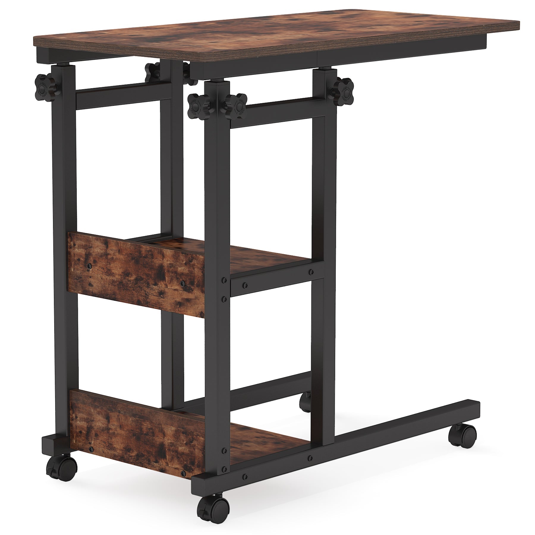 Mobile C Table, Height Adjustable Side Table with Storage Shelves