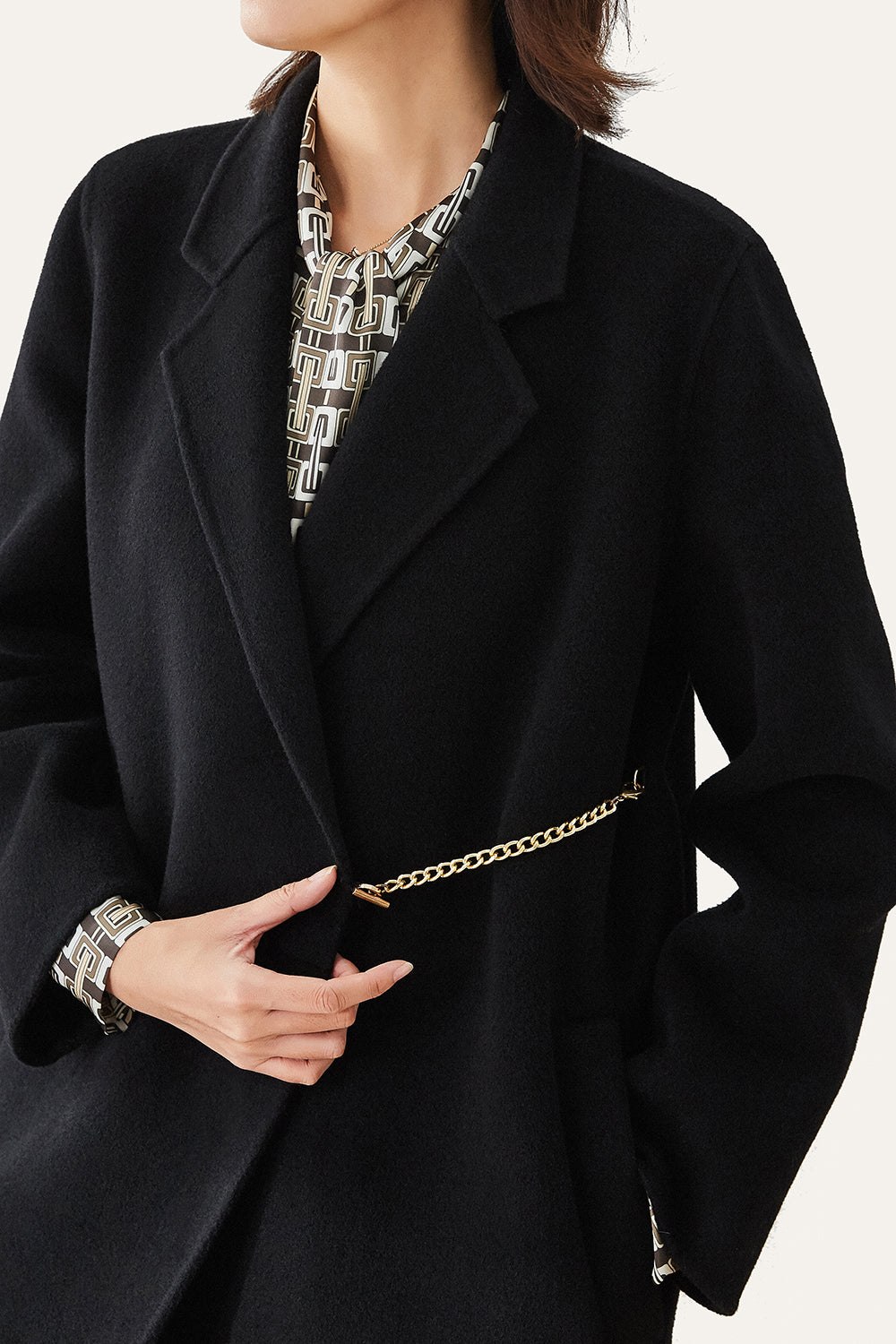 Black Long Chain Belt Wool Coat