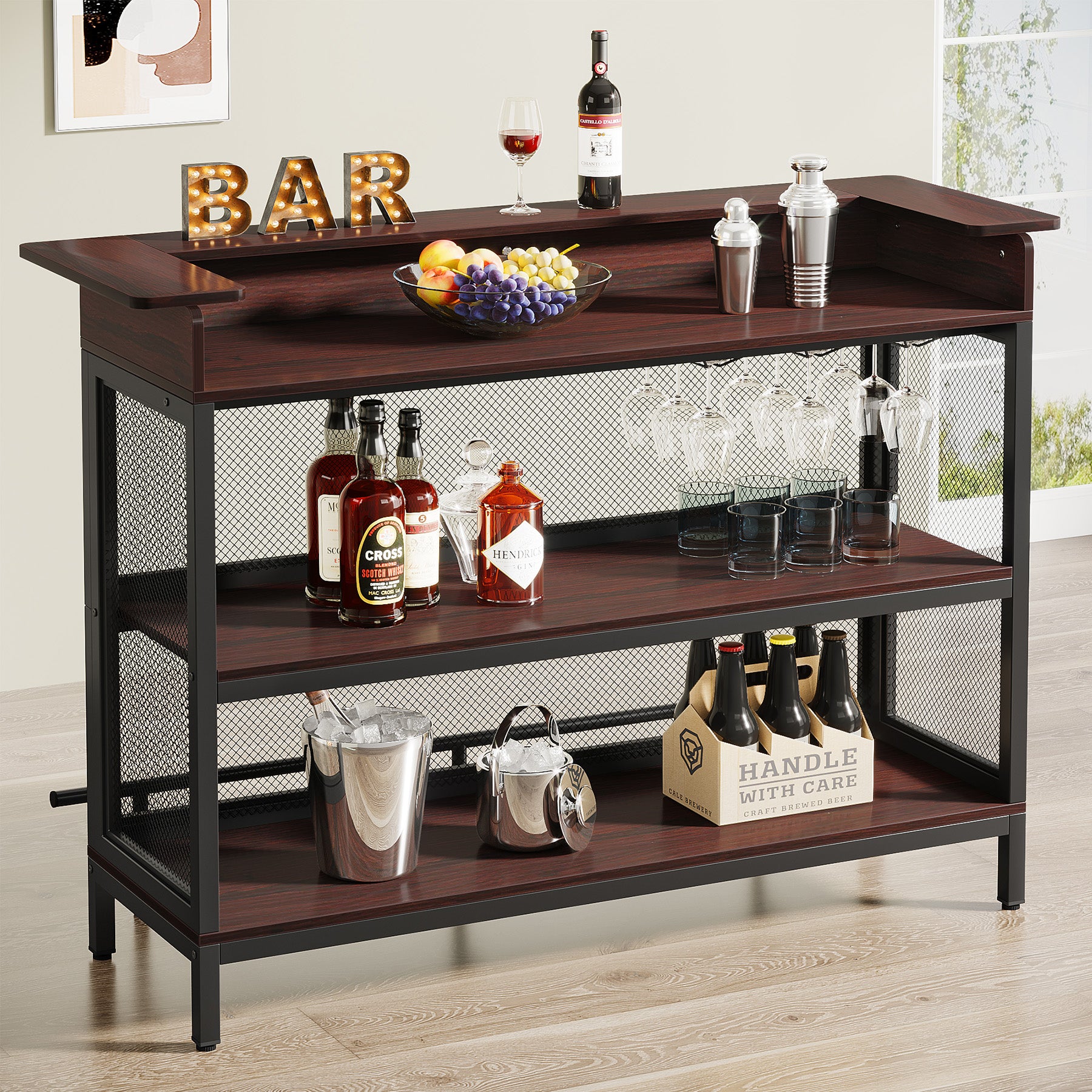 Home Bar Unit, Industrial 3 Tier Liquor Bar Table with Stemware Rack