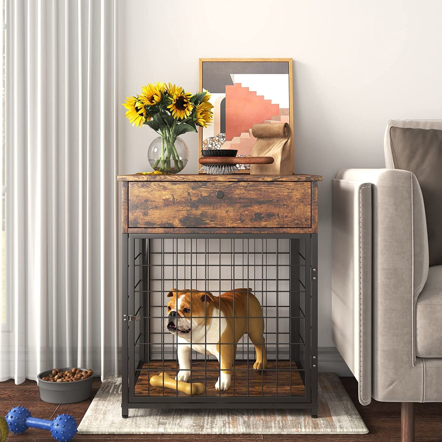 Indoor Chew-Proof Pet House End Table Puppy Kennel Table Nightstand，Dog Crate End Table Small， Modern Farmhouse Furniture Style Dog Crate End Table with Storage  (Rustic Brown)