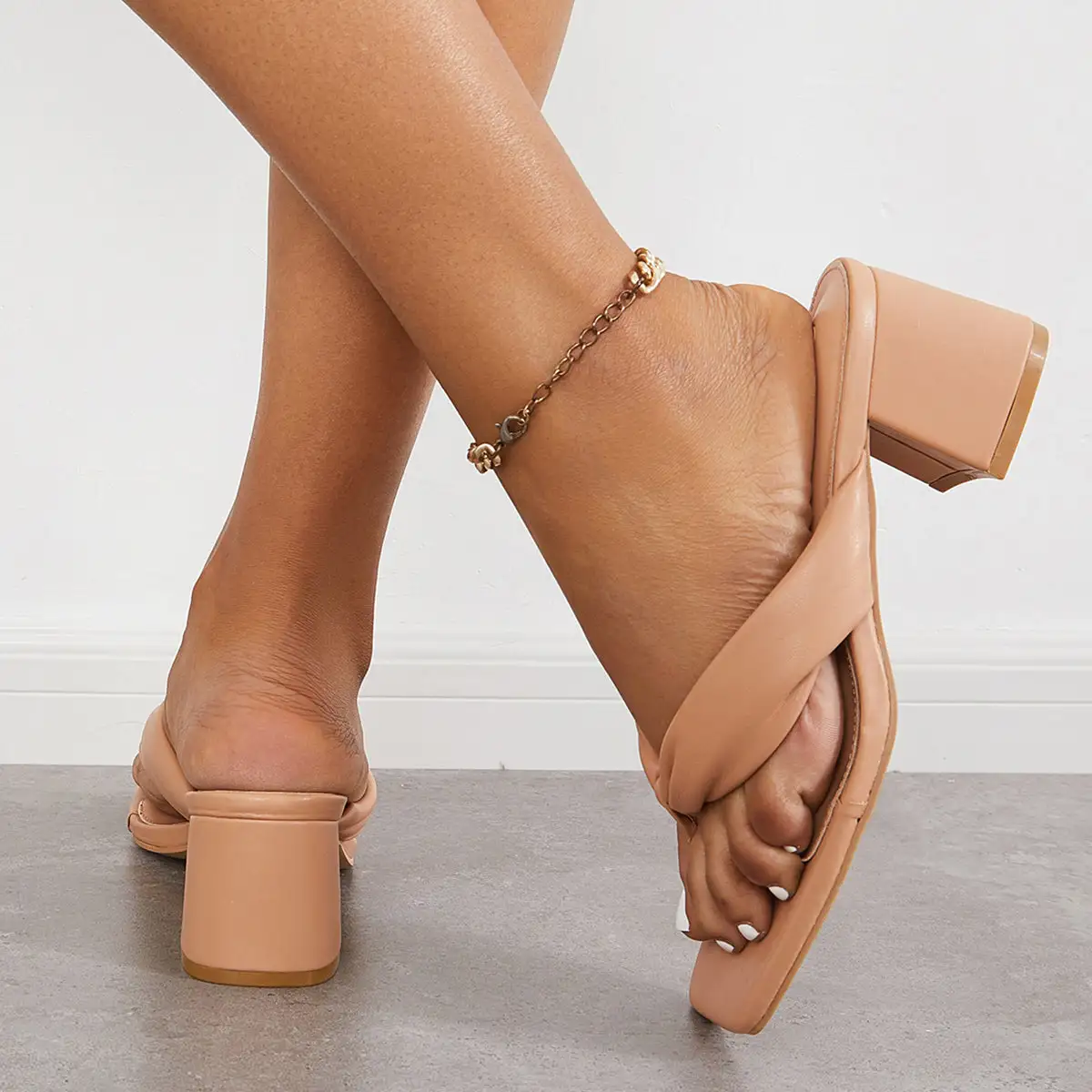 Square Toe Block Heel Flip Flops Sanldas Slip on Backless Mules