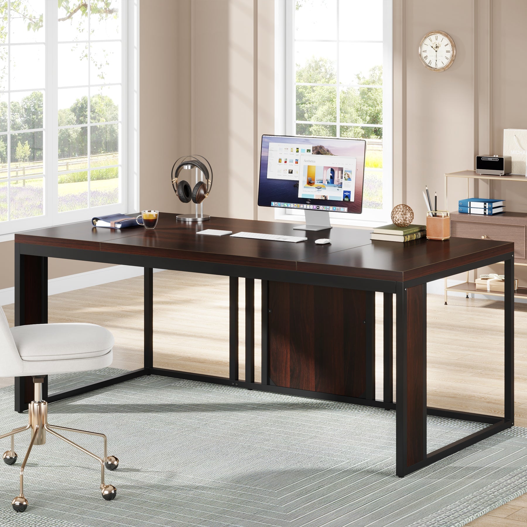 63-inch Executive Desk, Rectangular Computer Desk with Metal Frame