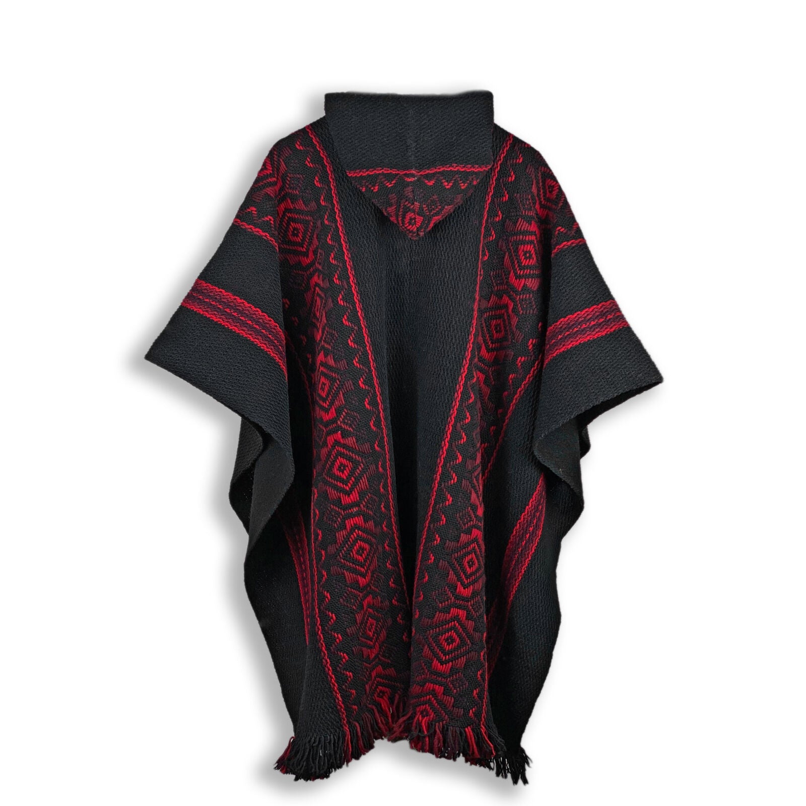 Unisex South American Handwoven Hooded Poncho - solid black with red diamonds pattern