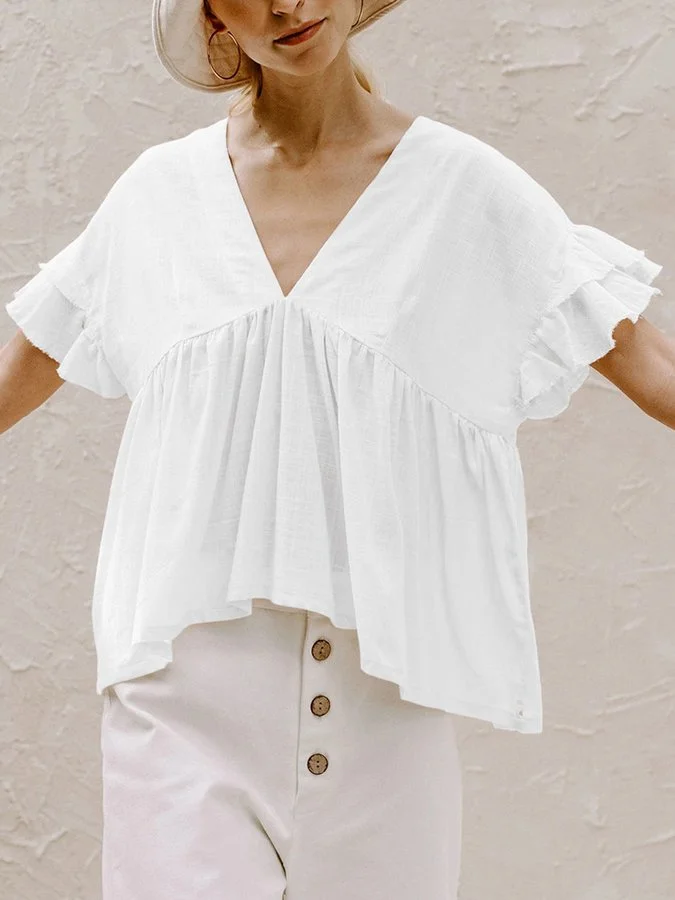 Ladies Cotton Linen V-Neck Ruffled Casual Shirt
