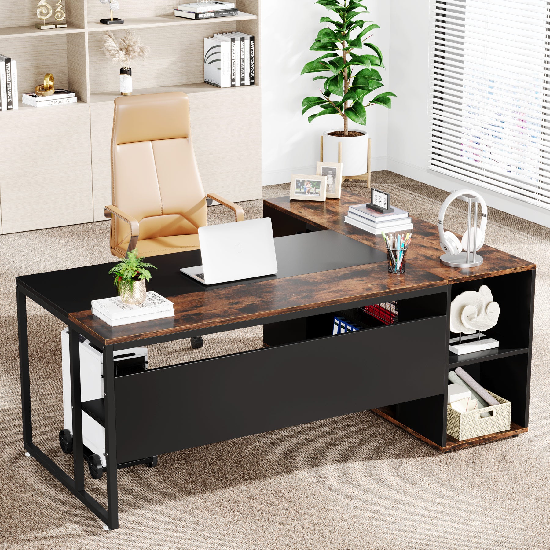 Large L-Shaped Desk, 71 inch Executive Desk with Shelves & Cabinet