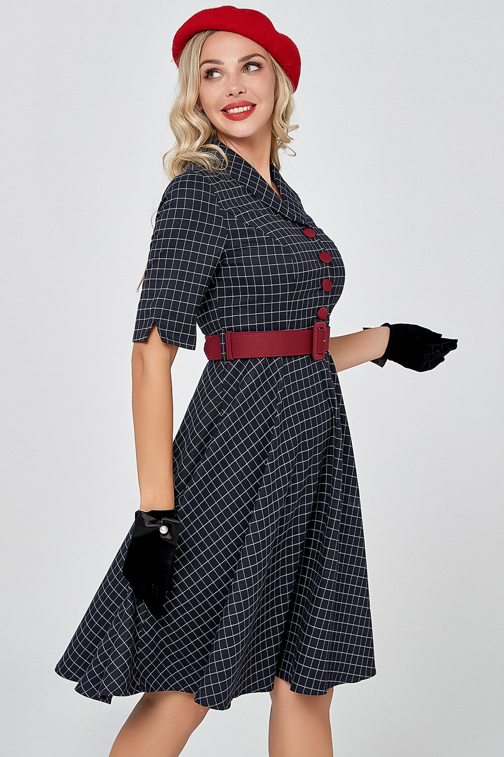 Navy Gingham Vintage 1950s Dress with Sleeves