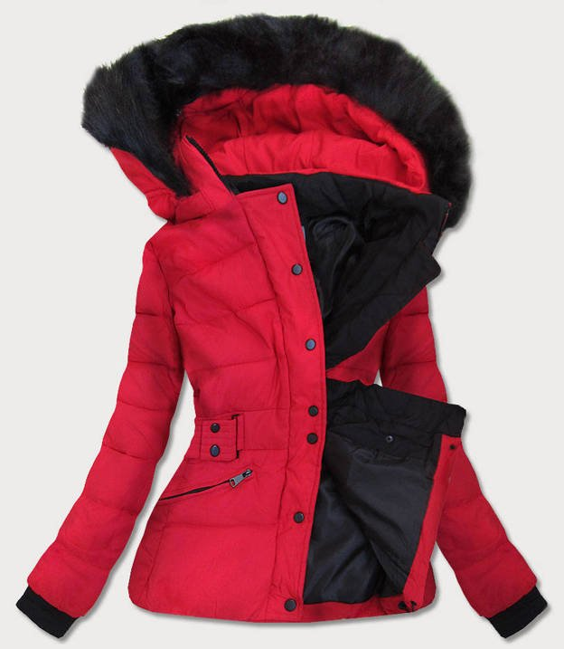 Ladies short winter hooded jacket red