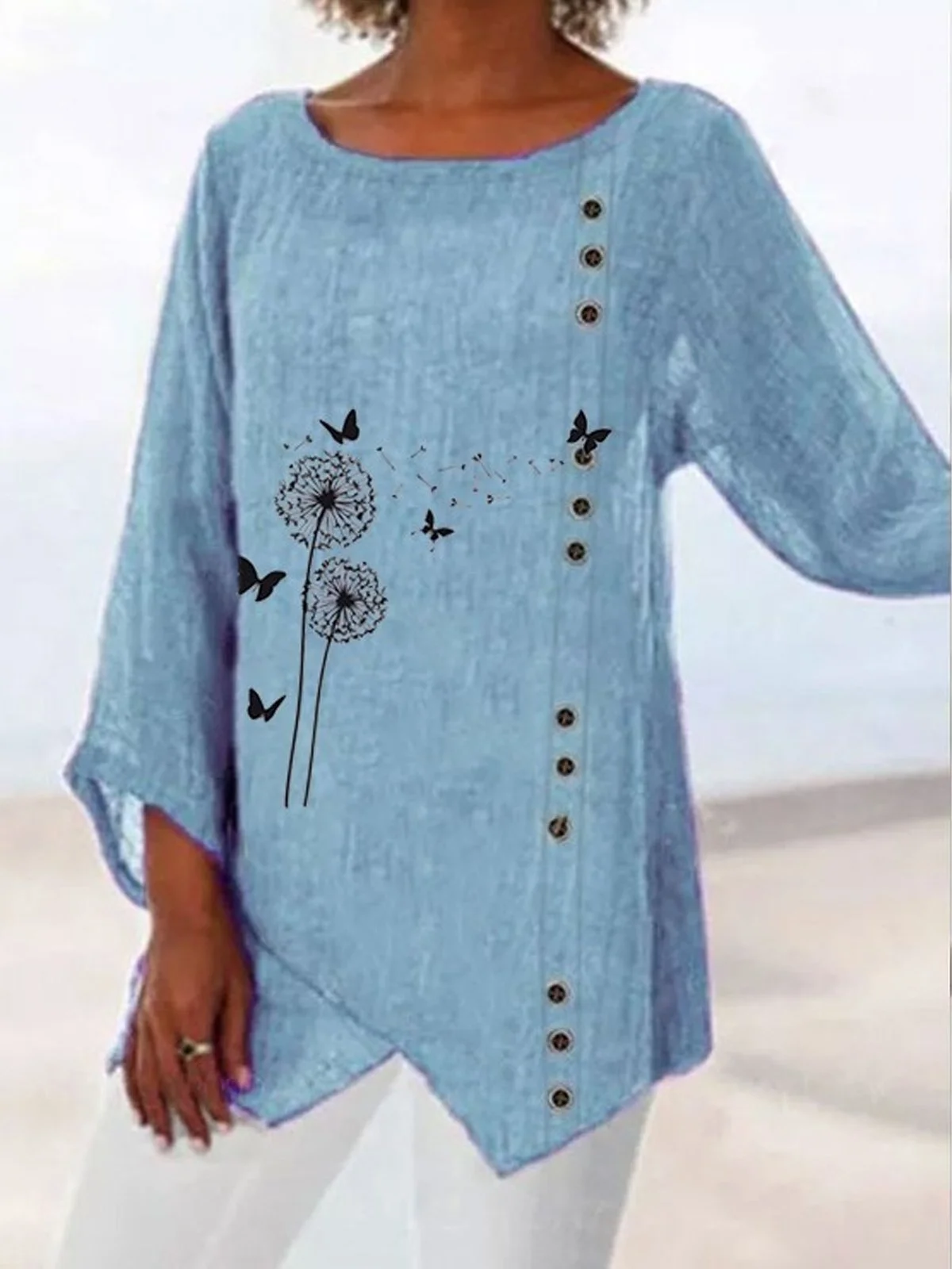 Women's Butterfly Print Irregular Cotton Shirt