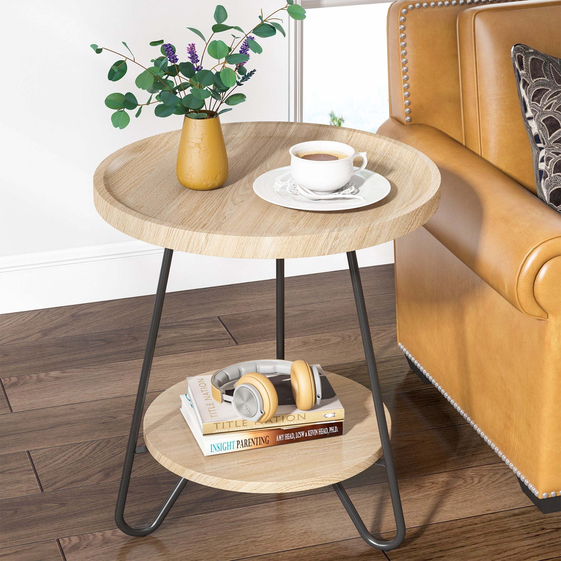 Round End Table, 2-Tier Side Table Accent Table with Metal Legs