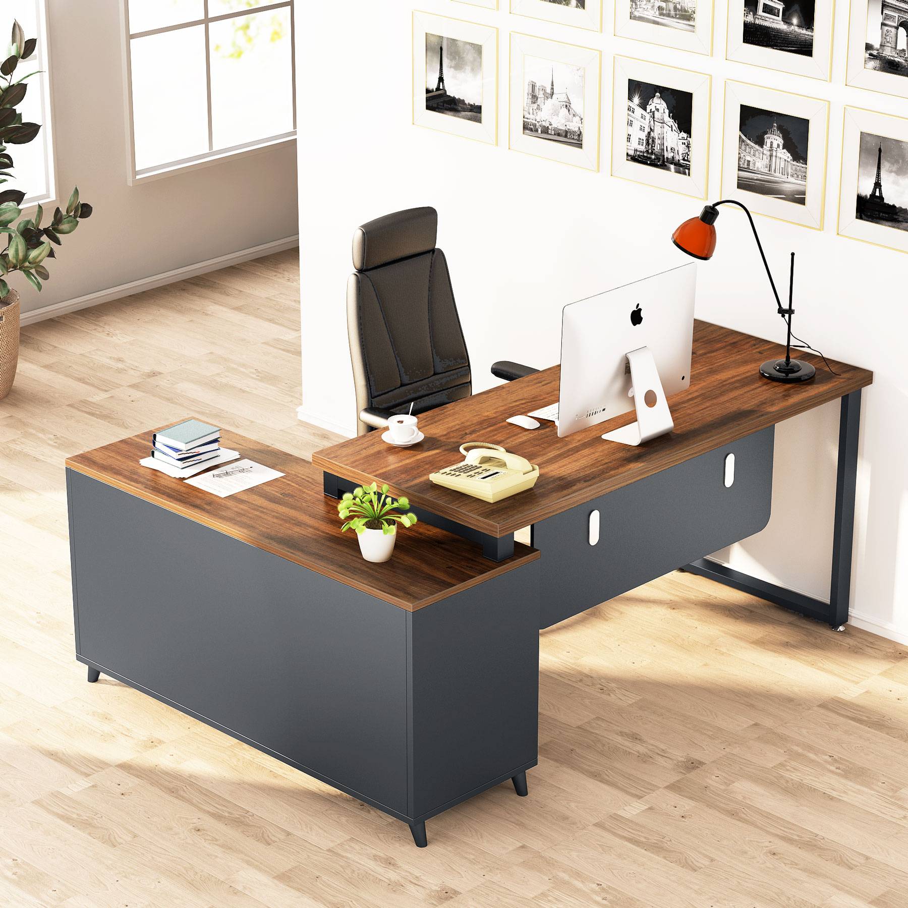 55 Inch L-Shaped Computer Executive Desk with 47 inch File Cabinet