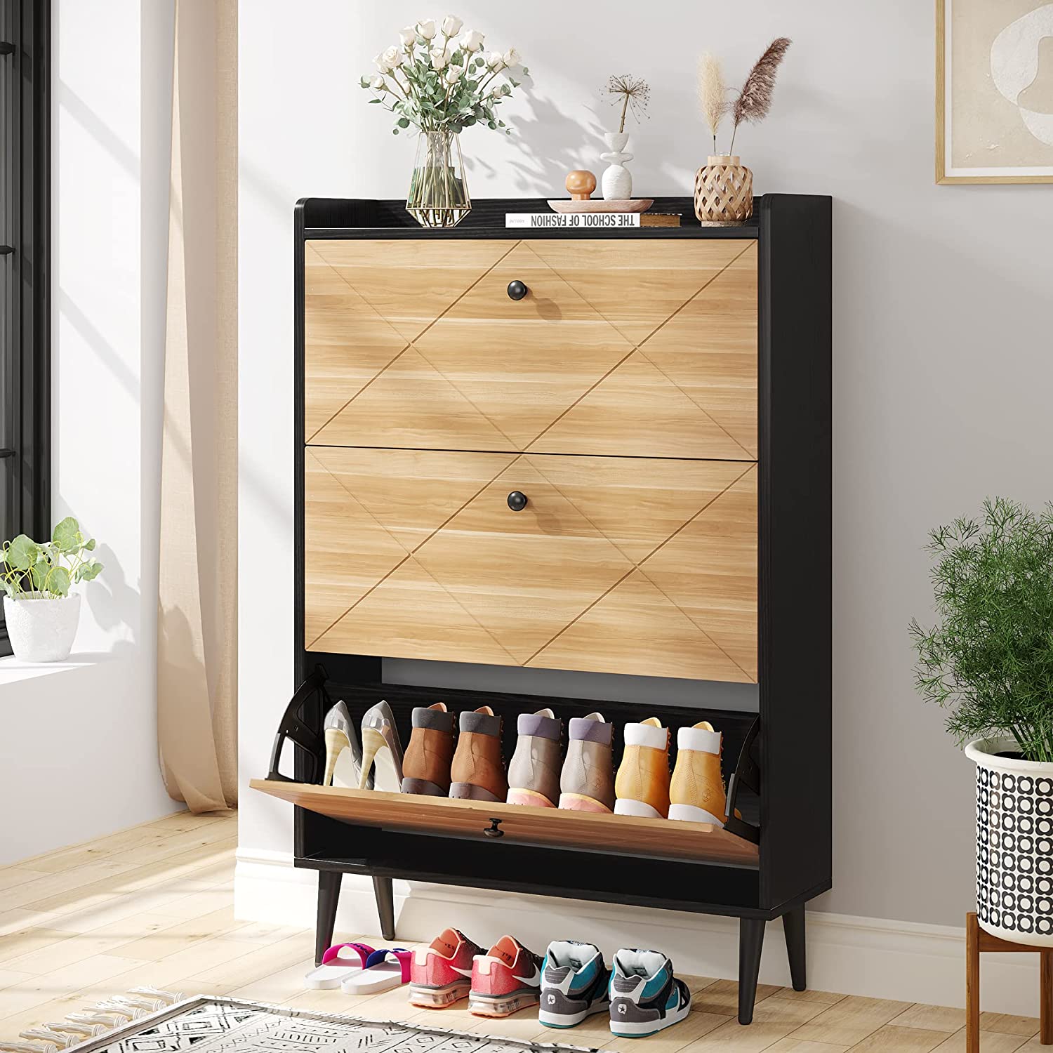 Wood Shoe Cabinet, Shoe Rack Organizer with 3 Flip Drawers for Entryway