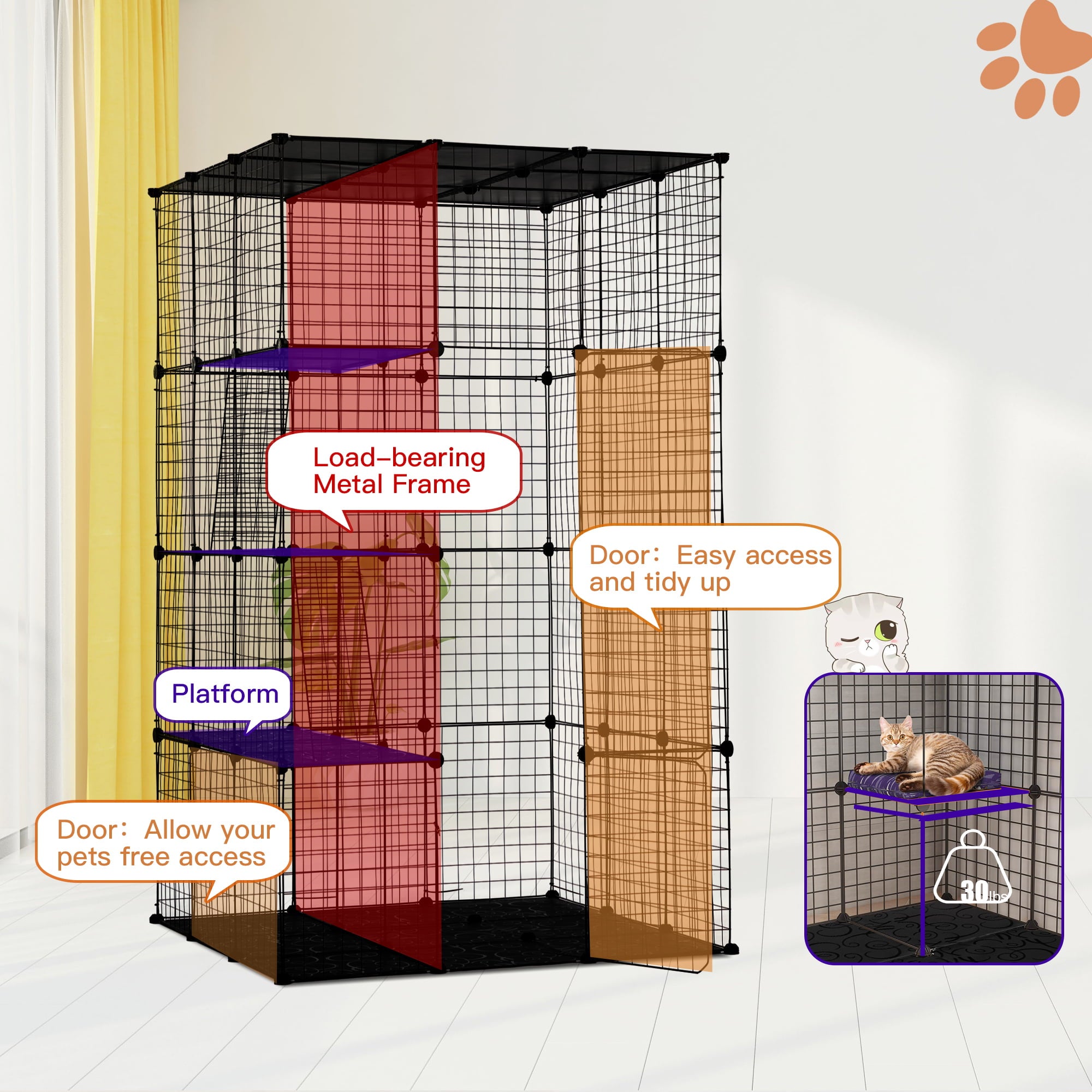 Coziwow Large DIY Cat Cage Playpen Pet Cage for Rabbit Small Animal Indoor， Black