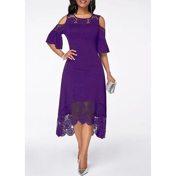 Fashion Women Elegant Crochet Lace Cold Shoulder Long Dress Party Casual Dress Plus Size