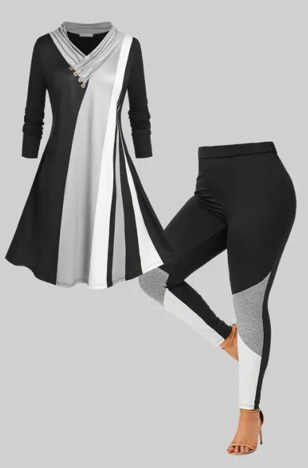 Throbbing Colorblock Shawl Collar Top and Skinny Leggings Plus Size Outfit
