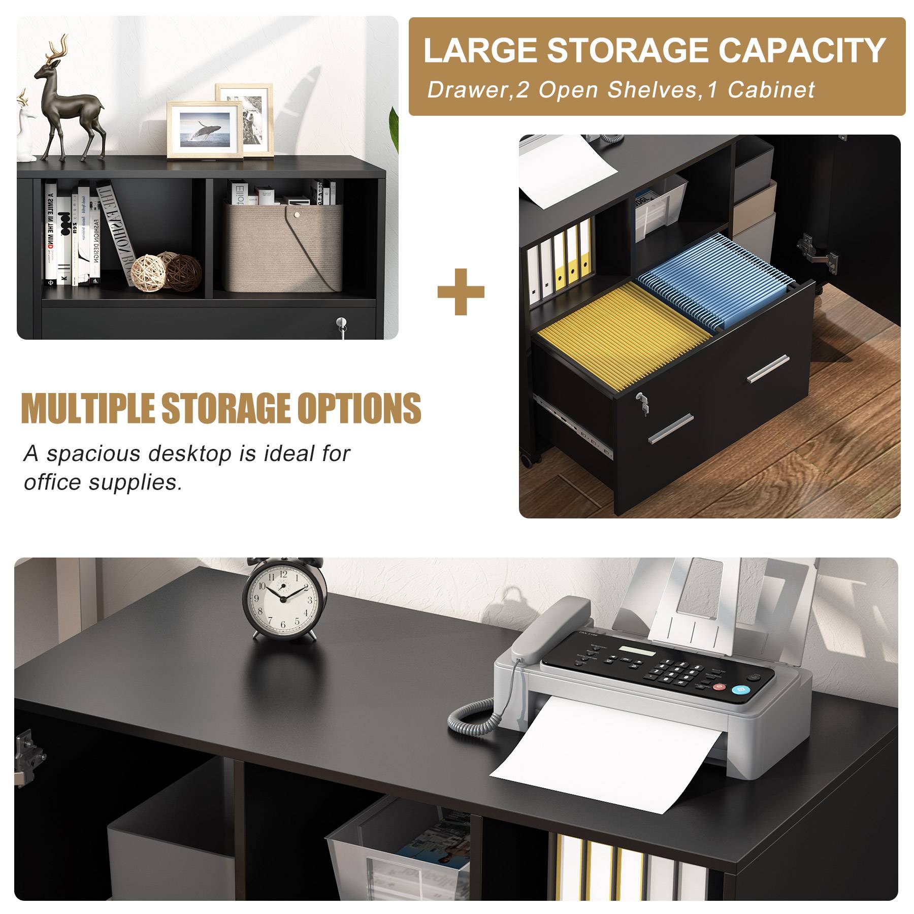 Lateral File Cabinet Printer Stand with Wheels and Shelves