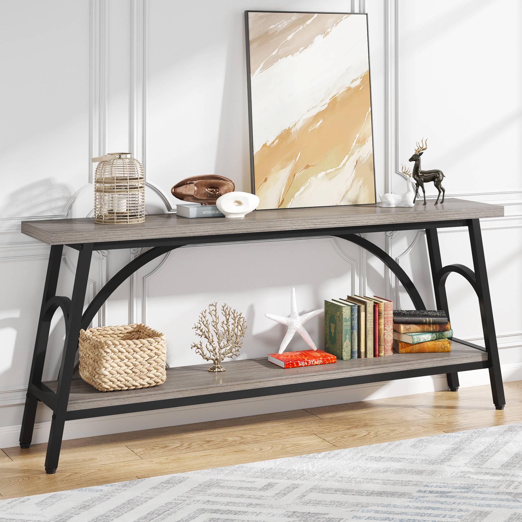 2-Tier Console Table, 70.8” Sofa Table Hallway Table with Open Shelves