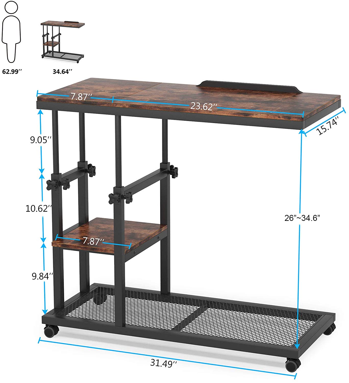 Height Adjustable C Table, Mobile Side Table with Tiltable Drawing Board