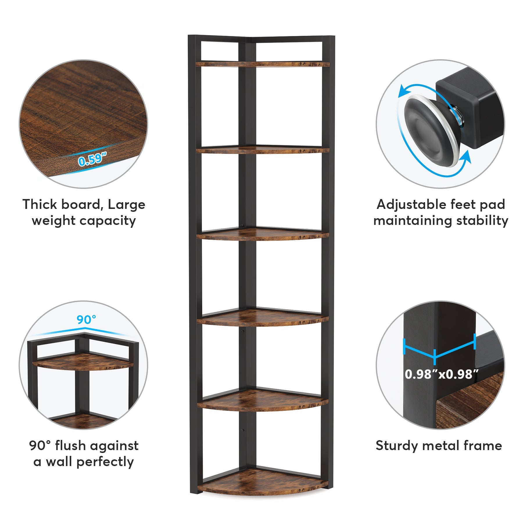 6-Tier Corner Shelf, Small Corner Bookshelf Storage Rack