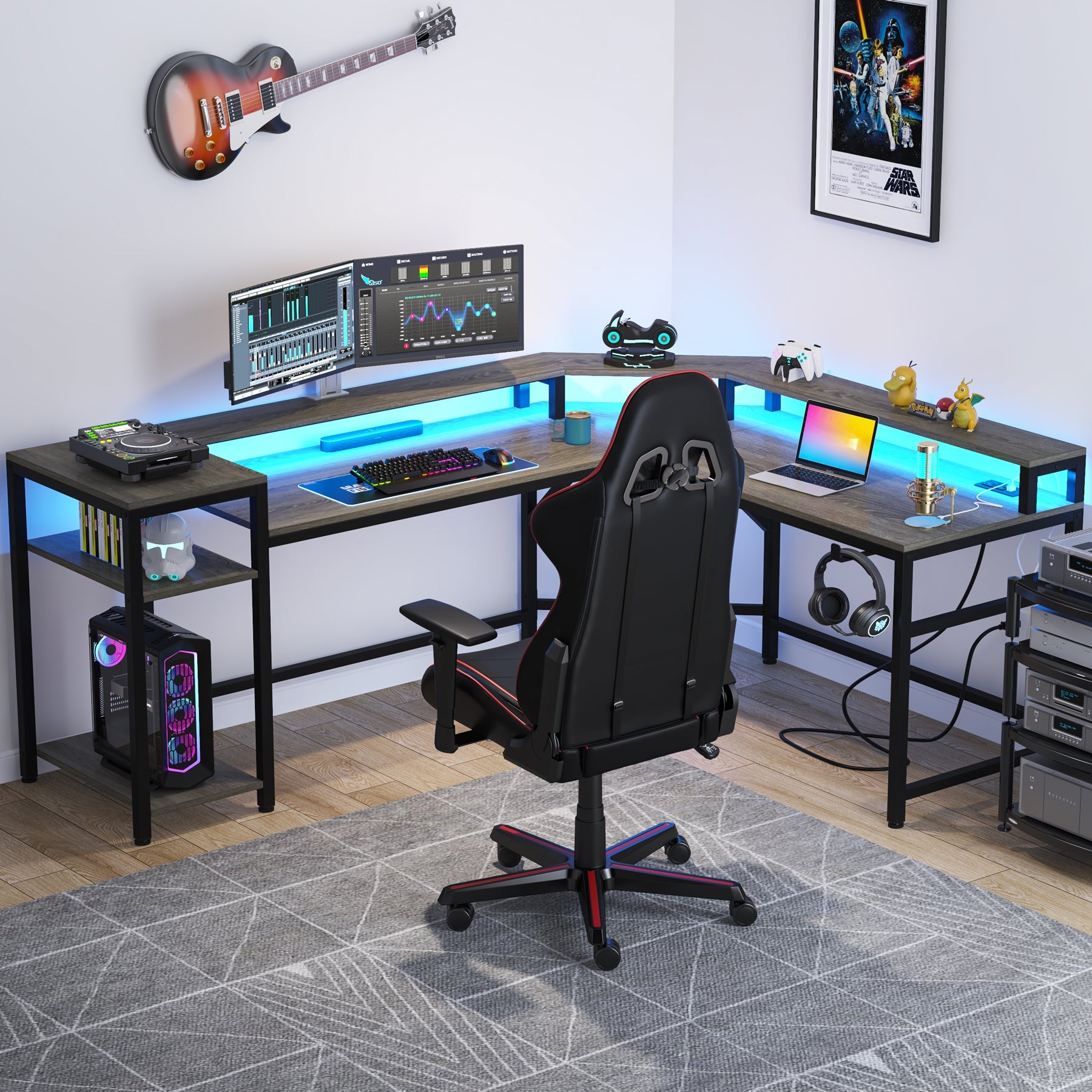 L-Shaped Gaming Desk Computer Desk with Power Outlets & LED Strips