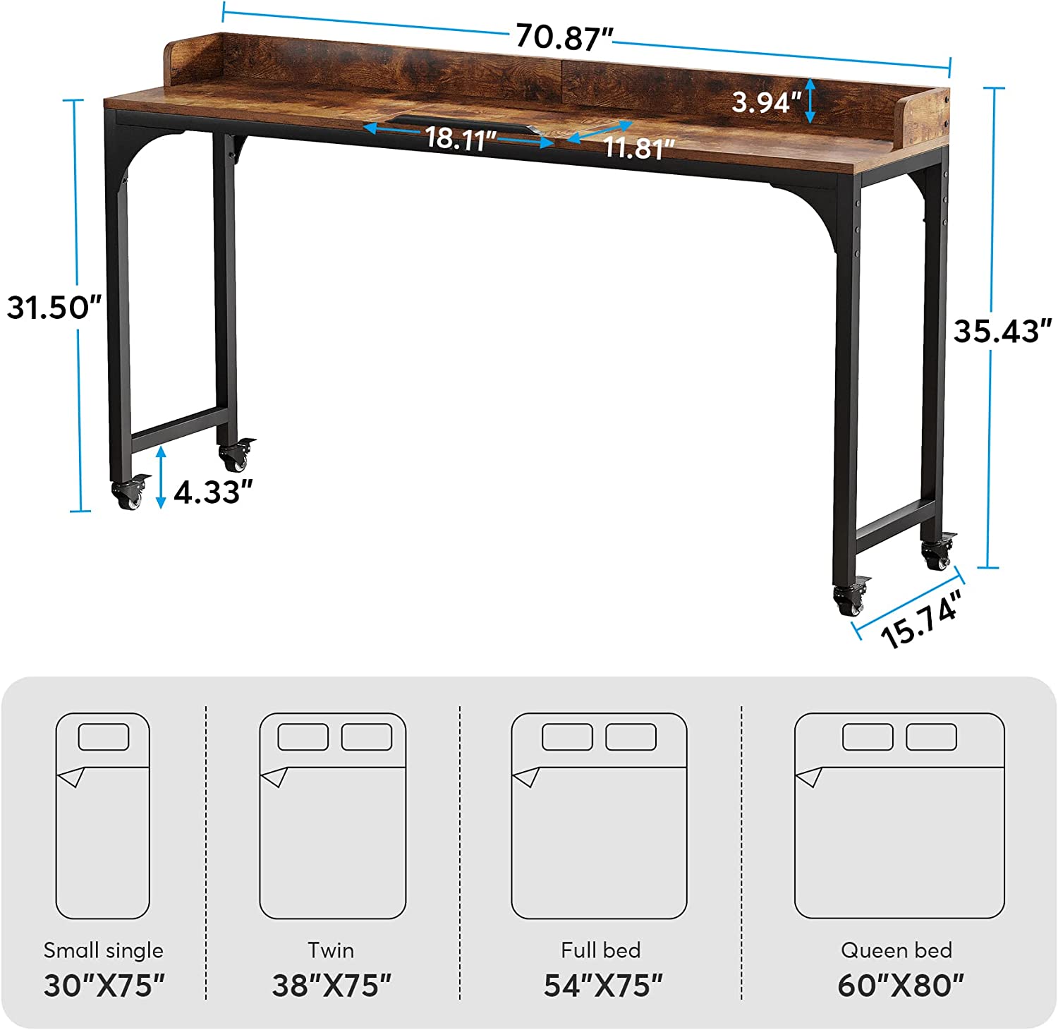 Mobile  Overbed Table Laptop Desk with Adjustable Tilt Board