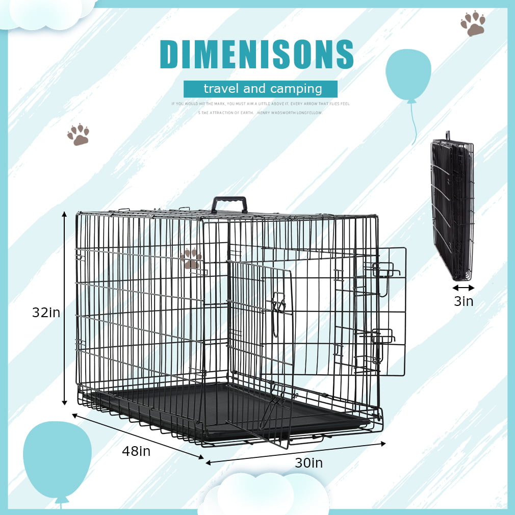 24-48 inch Dog Crates and Kennels for Big Dog， Foldable Large Dog Crate for Large Dogs with Handle Double-Door Outdoor Metal Wire Dog Cage with Plastic Tray for Medium Dogs