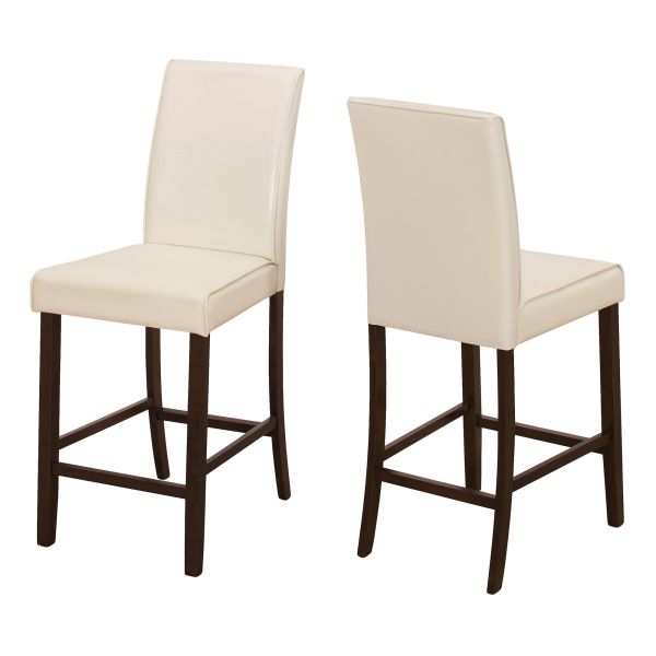 Dining Chair， Set Of 2， Counter Height， Upholstered， Kitchen， Dining Room， Beige Leather Look， Brown Wood Legs， Transitional