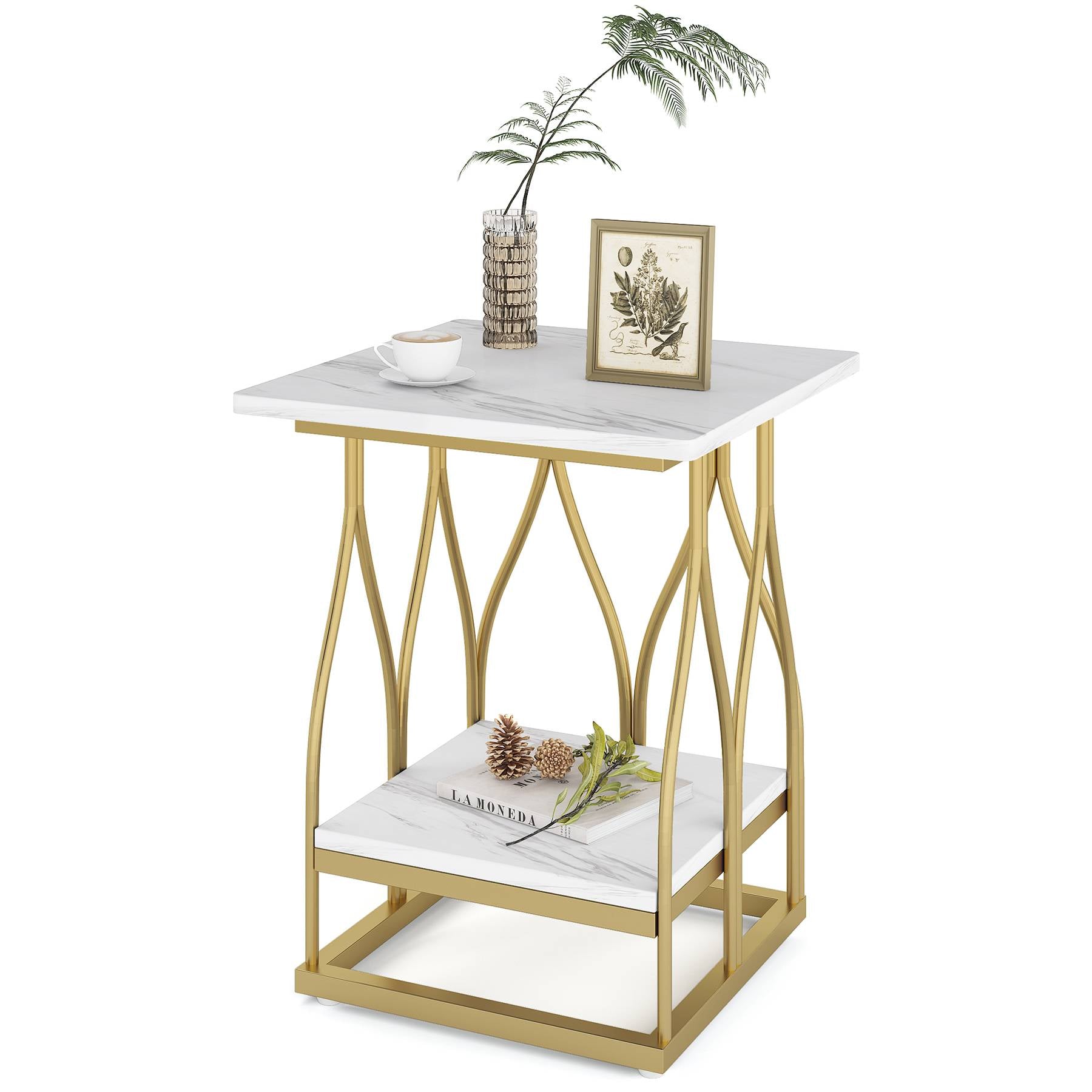 2-Tier End Table, Square Side Table Faux Marble Accent Table