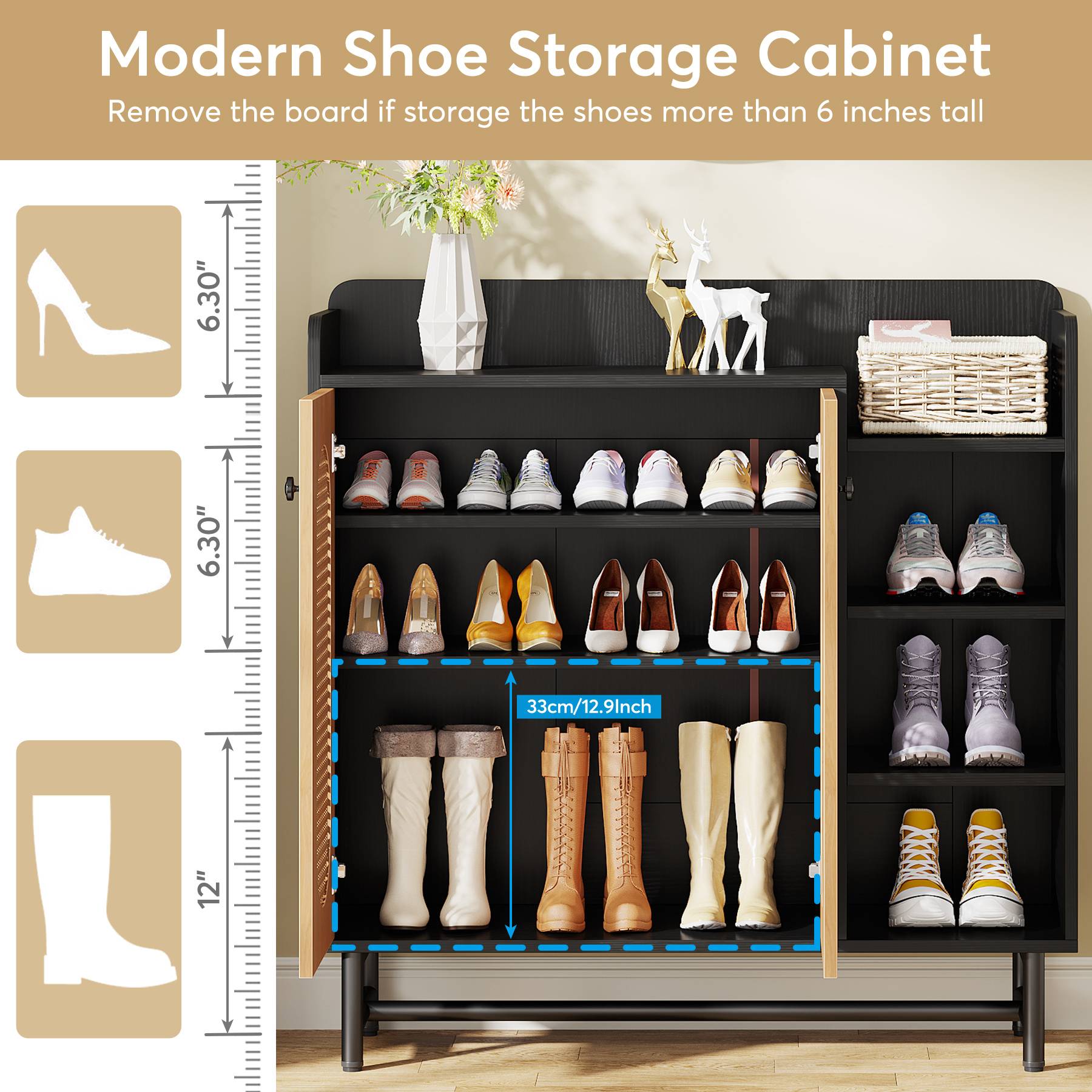 Rattan Shoe Cabinet, Shoe Storage Organizer with Doors & Open Shelves