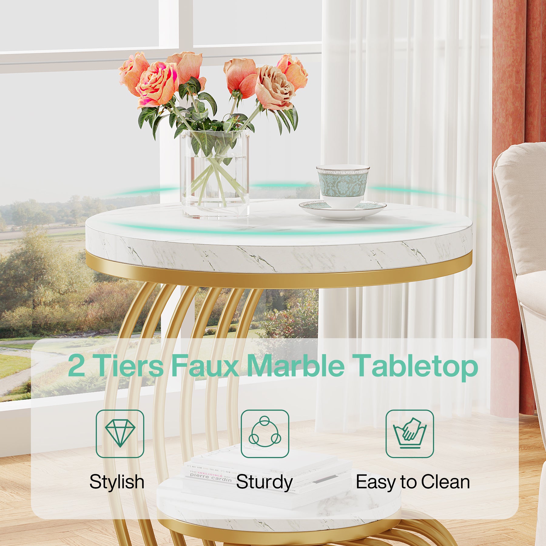 Round End Table, 2 Tiers Faux Marble Side Table with Storage Shelf