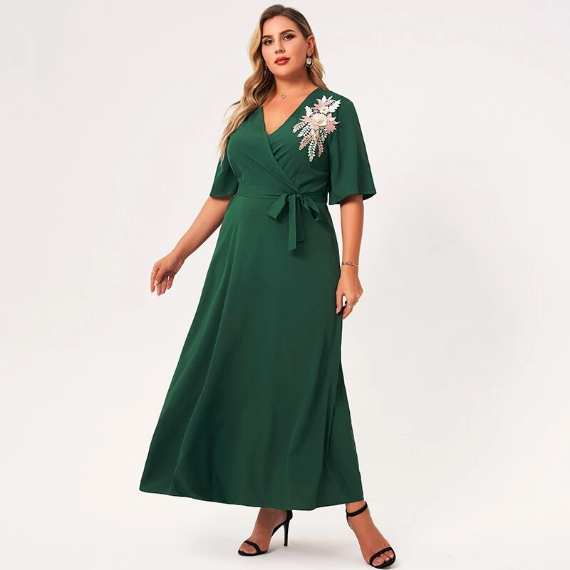 2023 New Summer Maxi Dress Women Plus Size Green Ruffle Half Sleeve Sashes 3D Flower V-neck A-line Vintage Party Long Robes 4XL