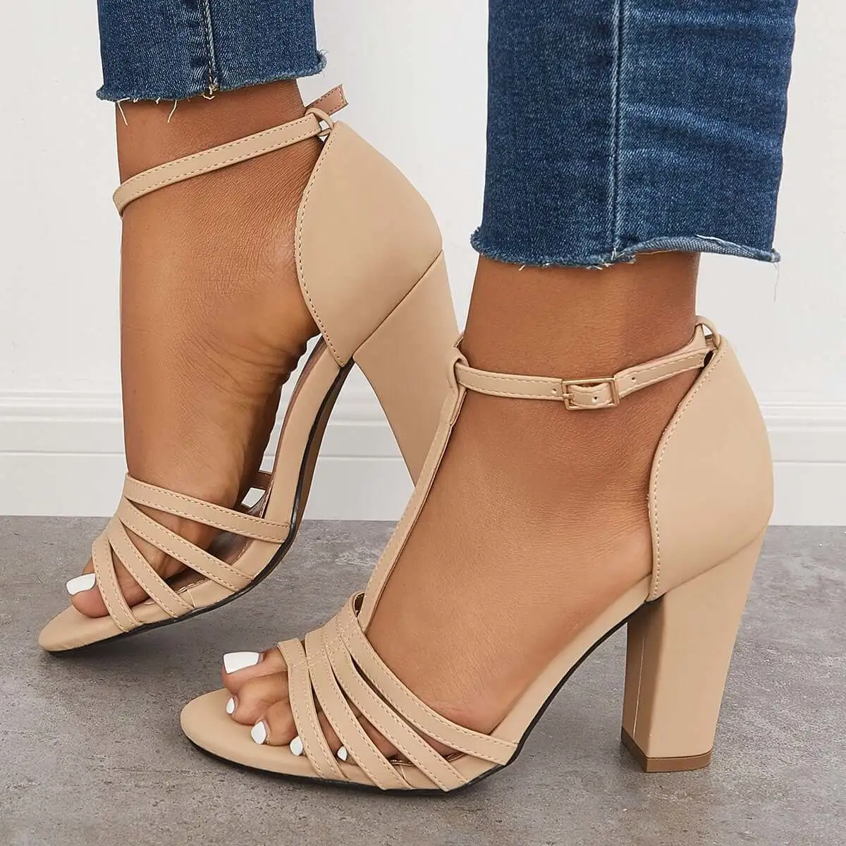Block Chunky High Dress Heels Open Toe Ankle T-Strap Sandals