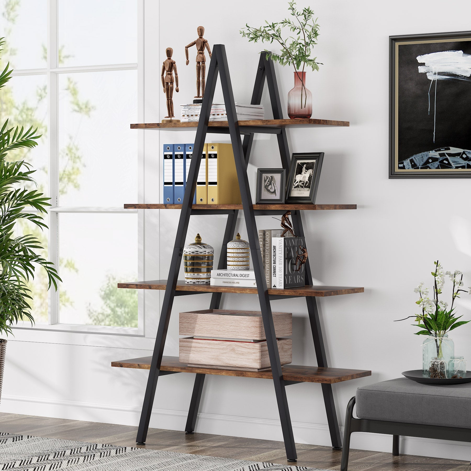 4-Tier Bookshelf, A-Shaped Bookcase Industrial Ladder Display Shelf