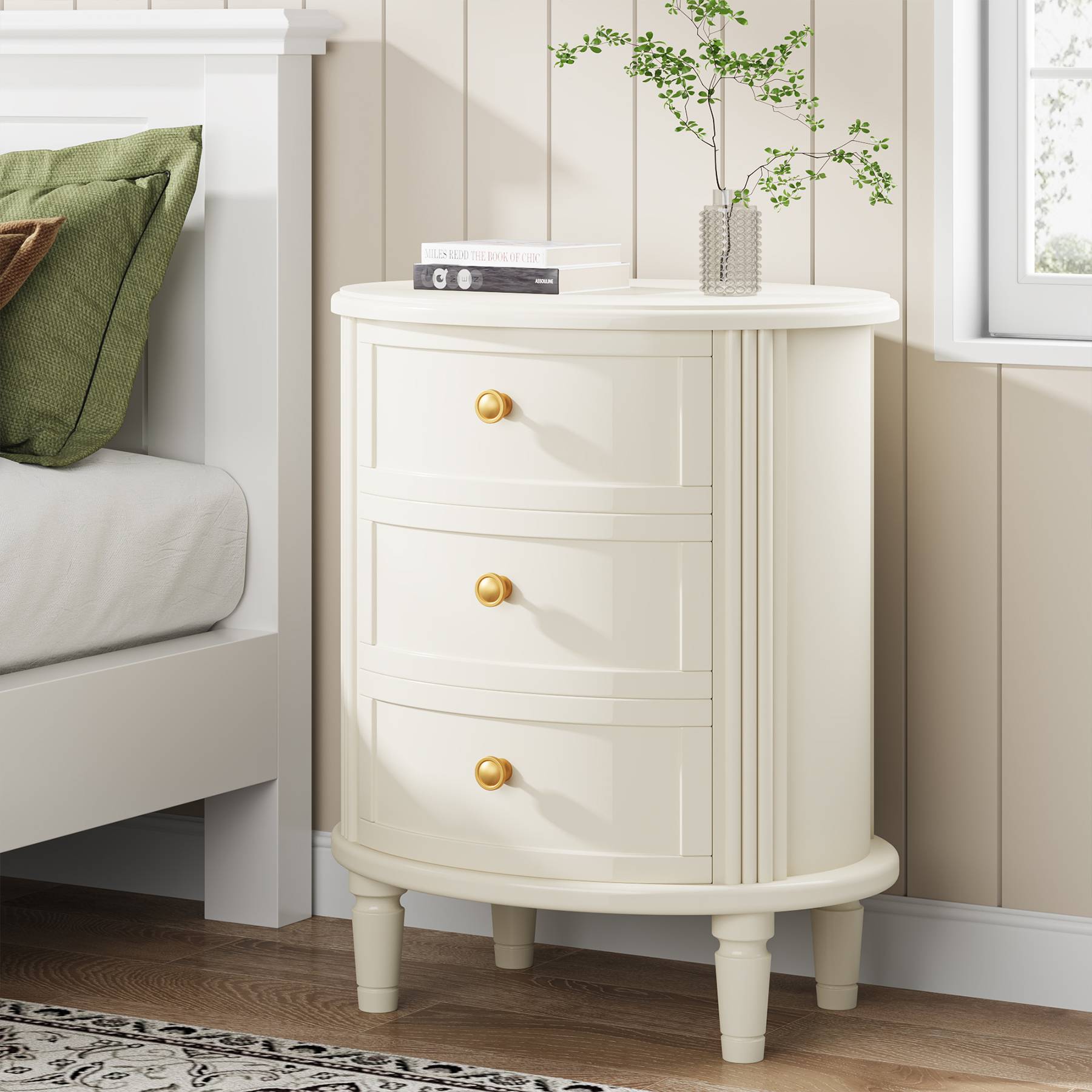 Wood Nightstand Bedside Table with 3 Drawers & Solid Wood Legs