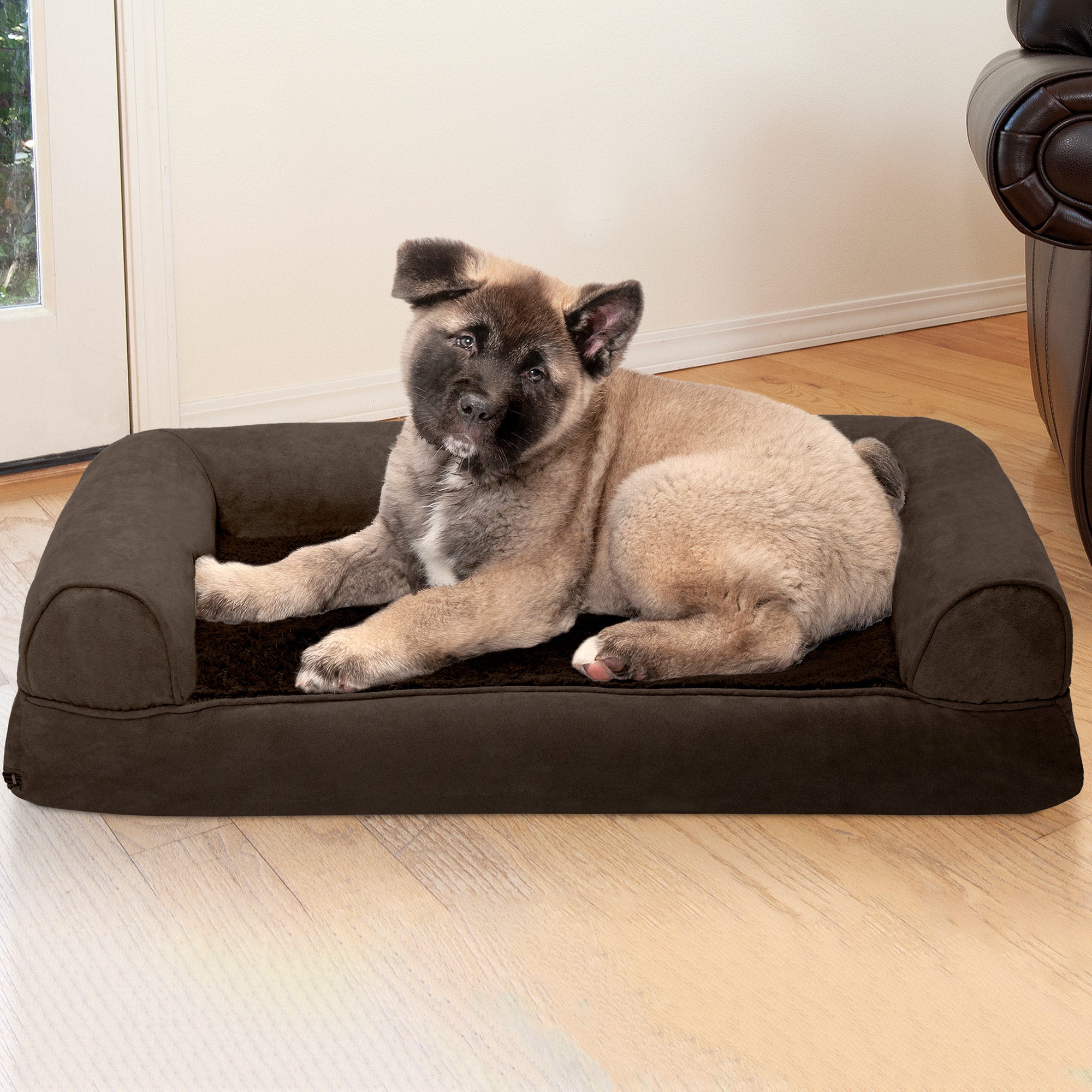 FurHaven Pet Products | Memory Foam Plush and Suede Sofa Pet Bed for Dogs and Cats， Espresso， Medium