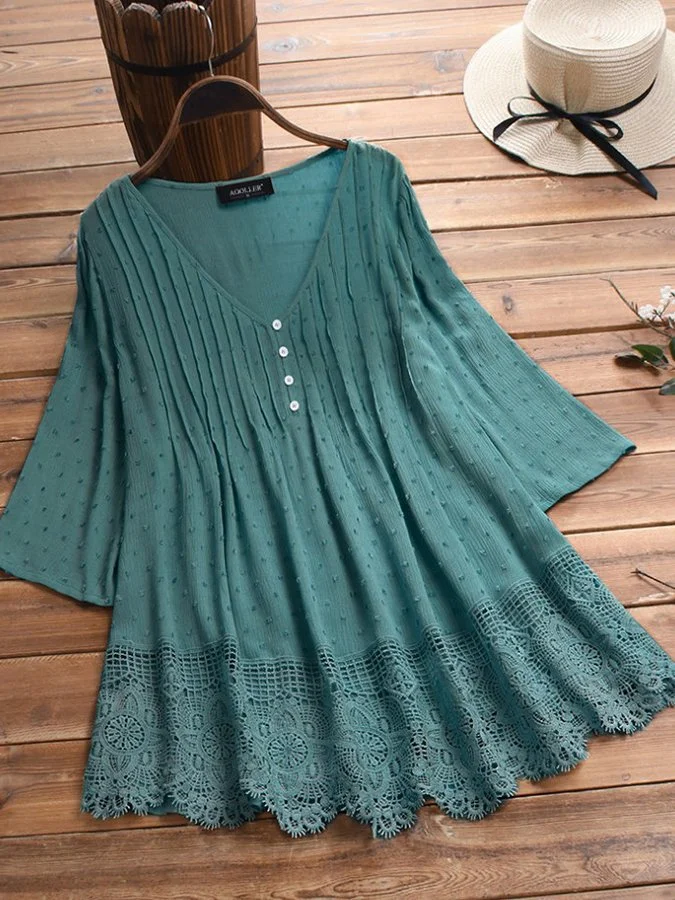 Women's V-Neck Lace Cutout Jacquard Shirt