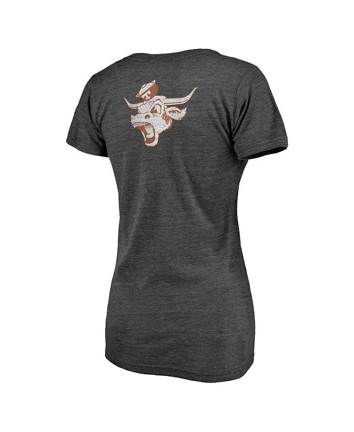 Women's Branded Heathered Charcoal Texas Longhorns Slab Serif 2-Hit V-Neck Tri-Blend T-shirt