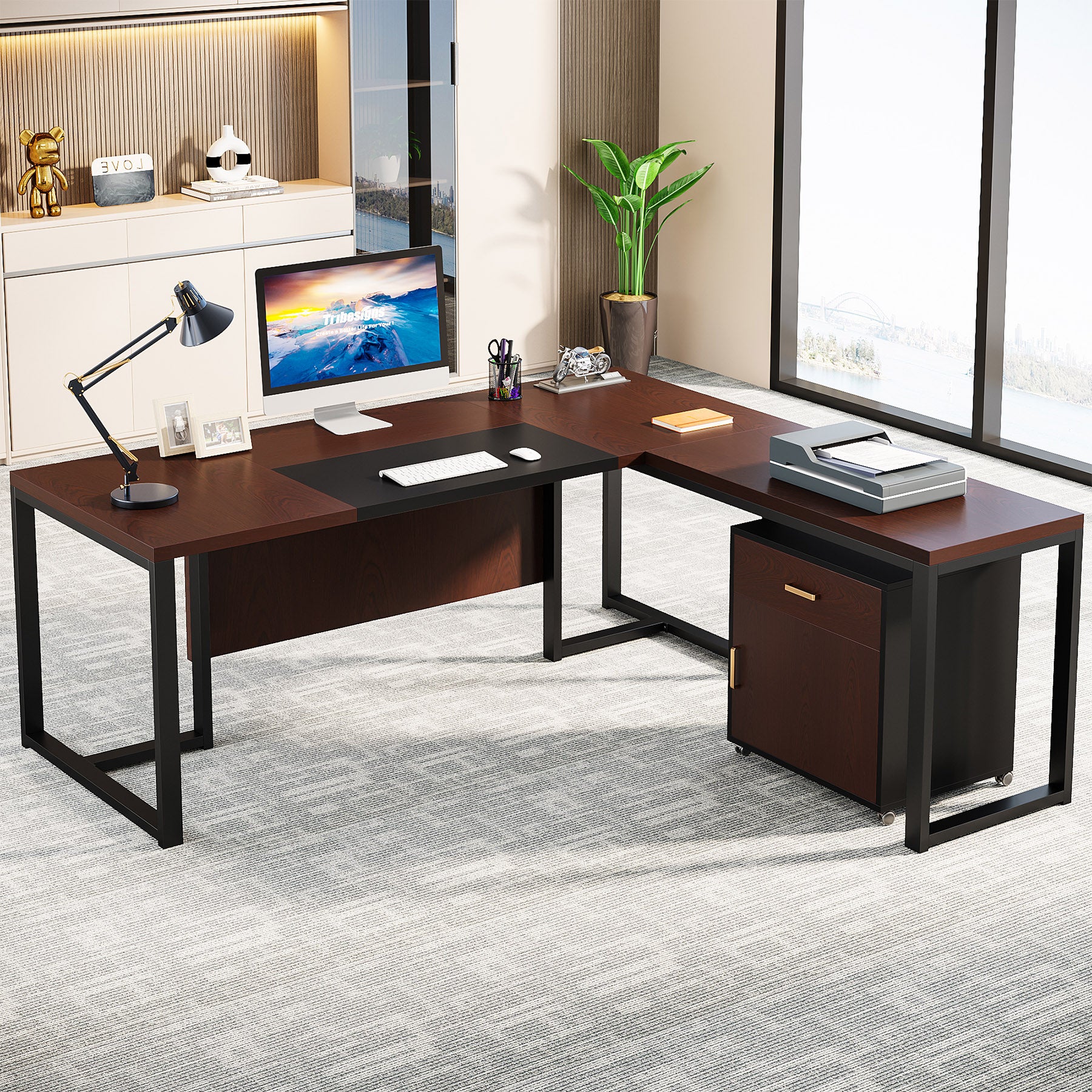 70.8” L-Shaped Desk, Large Executive Desk with Mobile File Cabinet