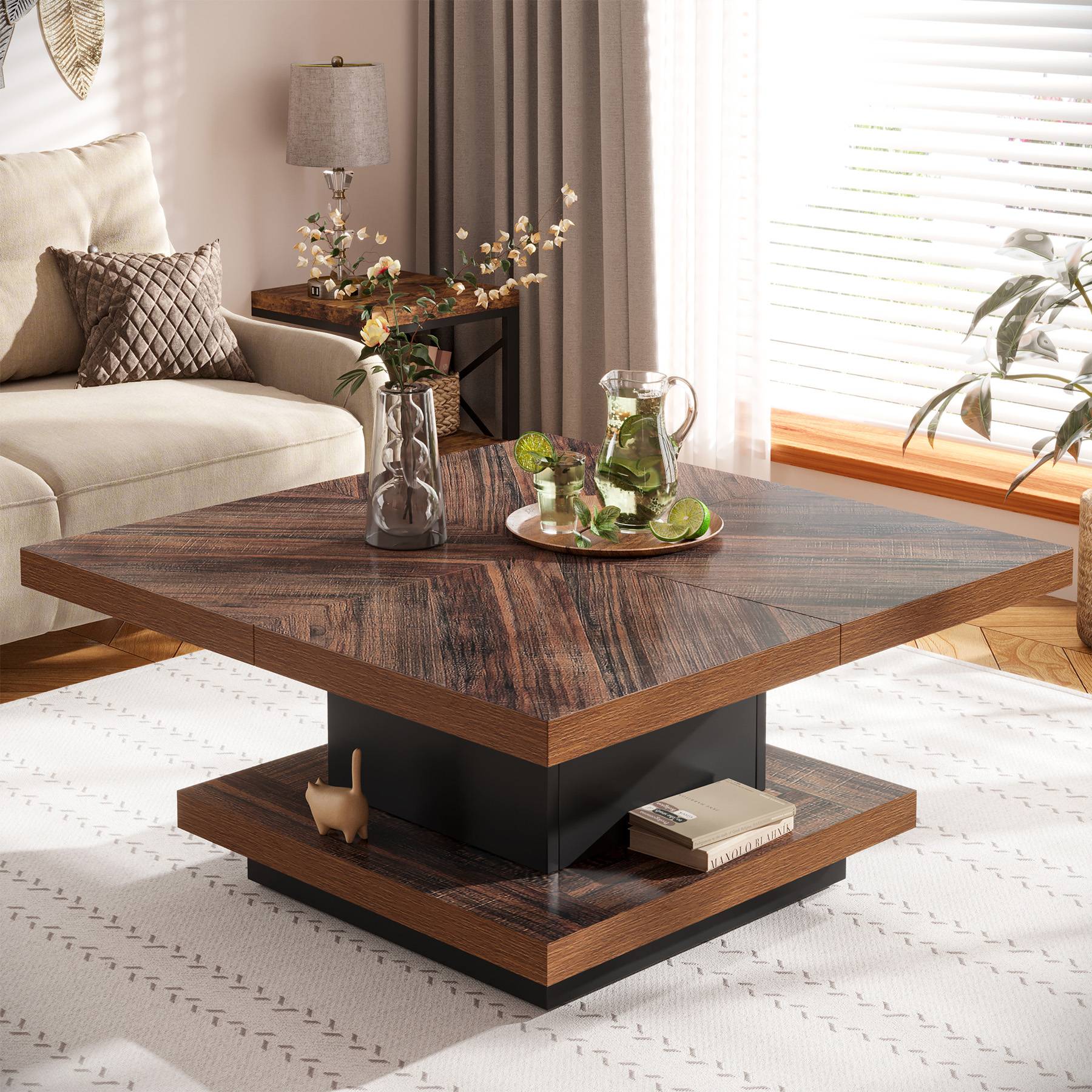 Wood Coffee Table, Square Vintage Center Table with 2-Tier Shelves