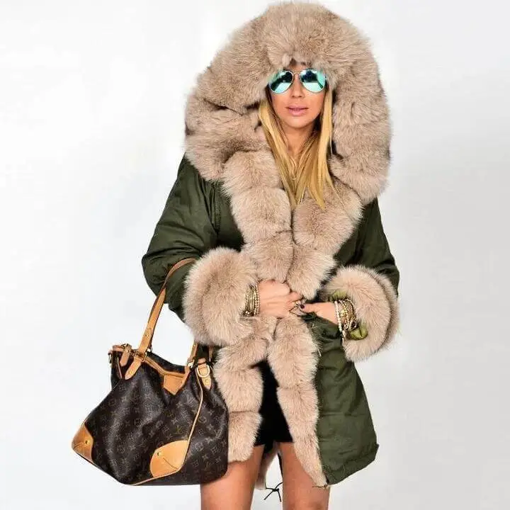 Hooded Fur Pure Color Parka Coat