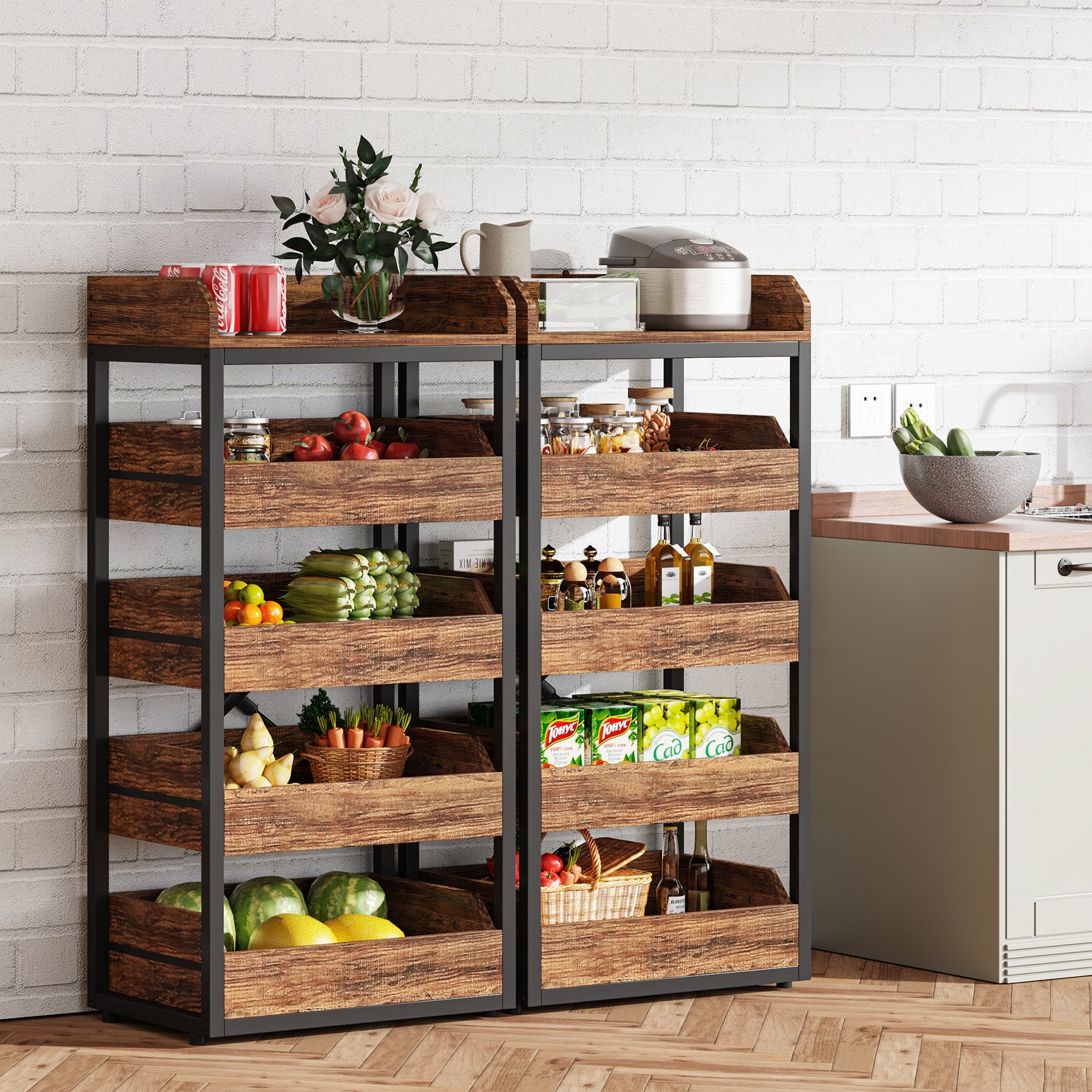 Wood Fruit and Vegetable Storage Rack Basket Stand with 5 Drawers